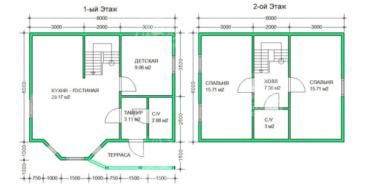 каркасный дом 7,5x8 планировка