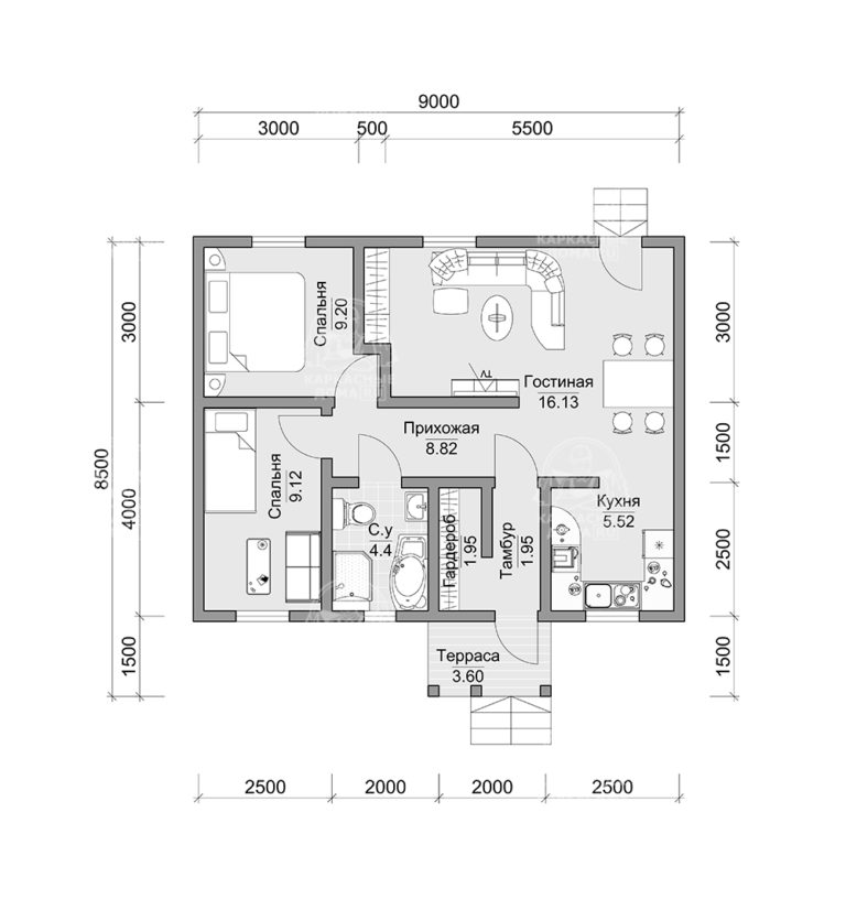 планировка каркасного дома 8,5x9