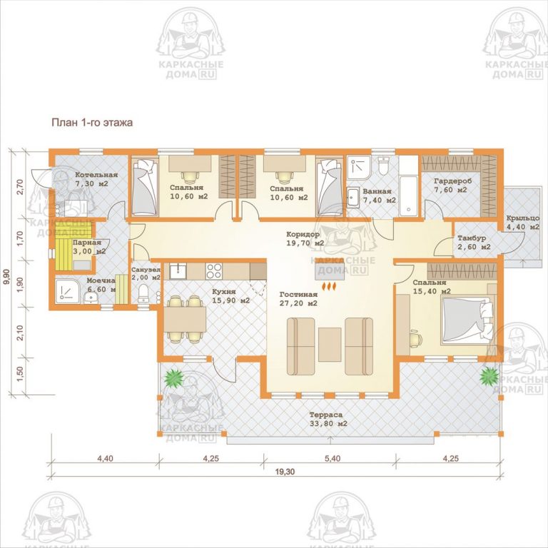 планировка каркасного дома 10x19 Гидденит